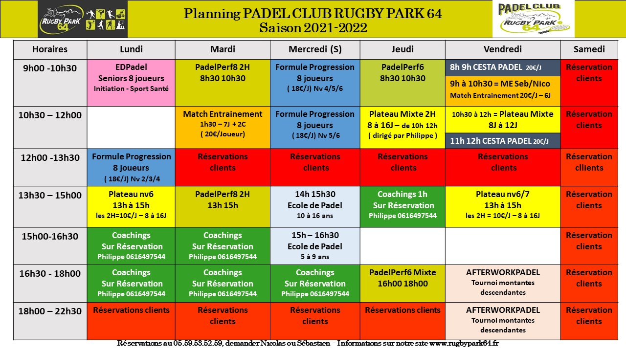 Planning du Padel Club RP64